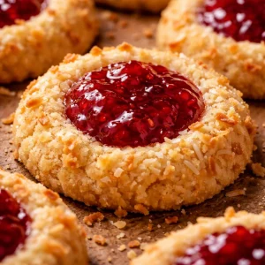 Delicious Barefoot Contessa thumbprint cookies with jam filling on a baking tray