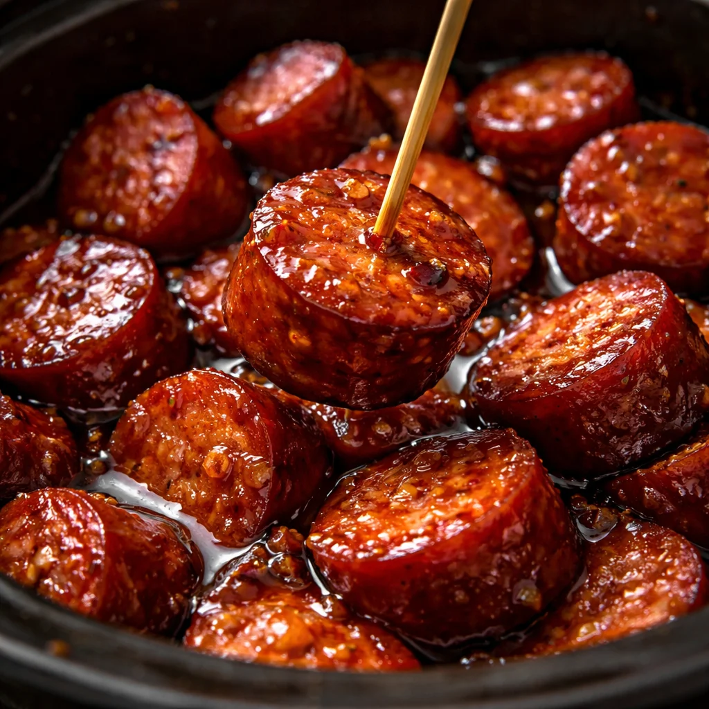 BBQ Kielbasa Bites served on a platter with dipping sauce.