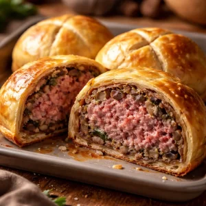 Elegant Beef Wellington served on a plate, showcasing its flaky pastry and tender beef.