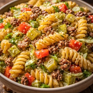 Delicious Big Mac Pasta Salad featuring beef, cheese, and salad ingredients