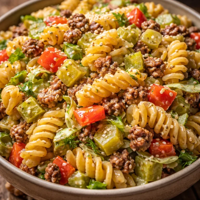 Delicious Big Mac Pasta Salad featuring beef, cheese, and salad ingredients