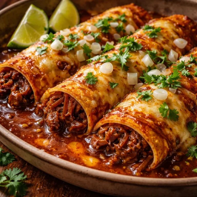 Delicious Birria Enchiladas topped with sauce and fresh garnishes