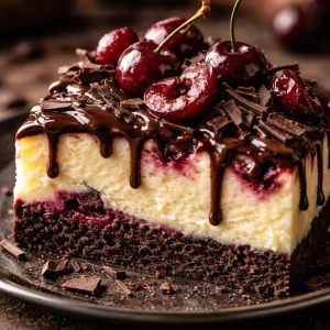 Decadent Black Forest Cheesecake with chocolate and cherries on a plate.