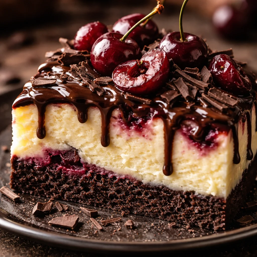 Decadent Black Forest Cheesecake with chocolate and cherries on a plate.