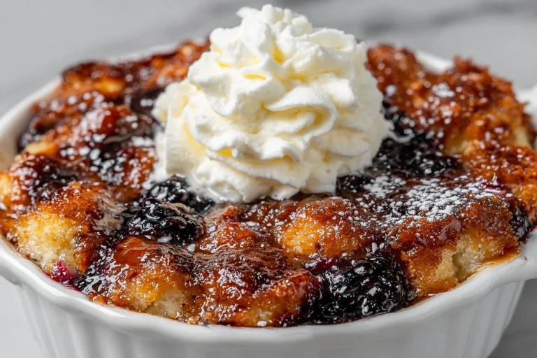 Delicious blackberry cobbler served in a baking dish topped with ice cream