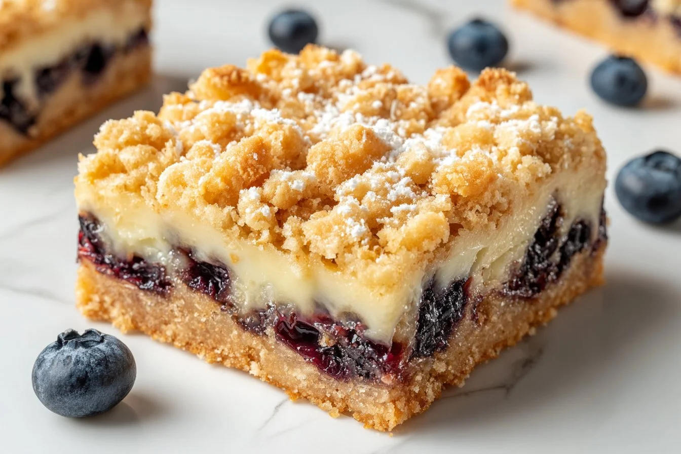 Delicious blueberry crumble bars with a golden topping served on a white plate.