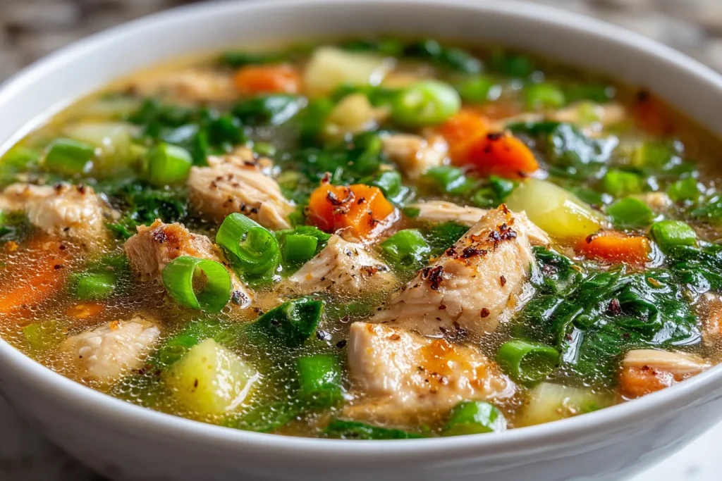 Bowl of Bok Choy Chicken Soup with fresh ingredients and herbs