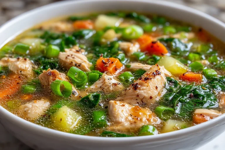 Bowl of Bok Choy Chicken Soup with fresh ingredients and herbs