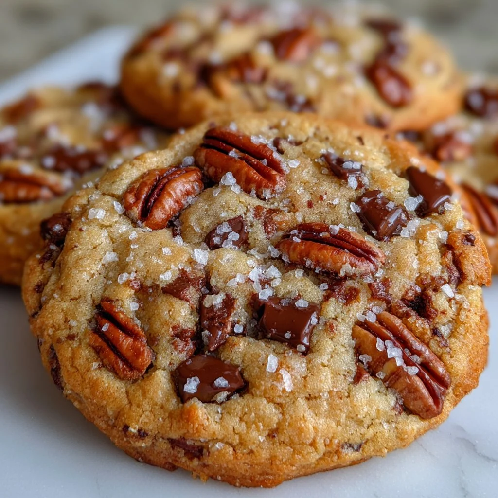 Delicious brown butter pecan chocolate chip cookies on a baking tray