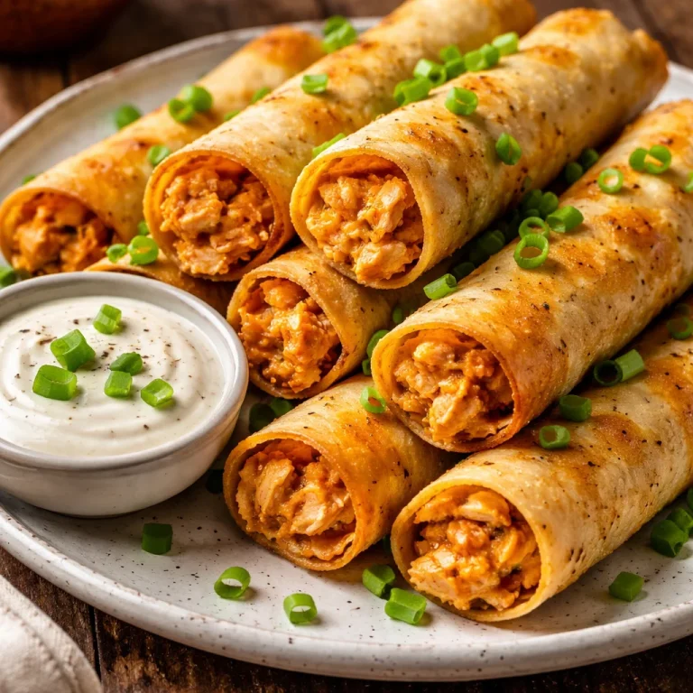 Crispy Buffalo Chicken Taquitos served with dipping sauce on a platter
