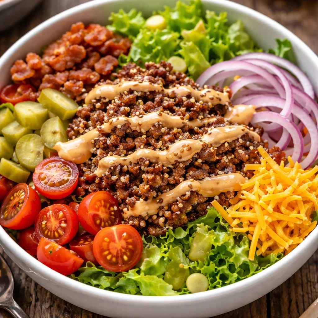 Delicious burger bowls with fresh toppings and ingredients.
