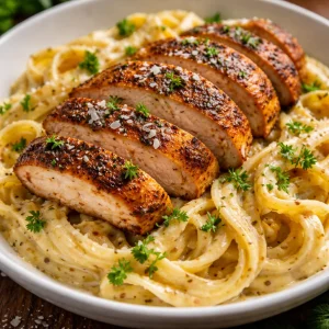 Delicious plate of Cajun Chicken Alfredo with a creamy sauce and spices