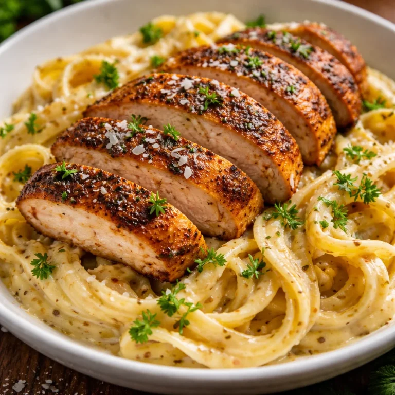 Delicious plate of Cajun Chicken Alfredo with a creamy sauce and spices