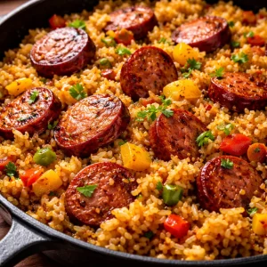 Cajun Sausage and Rice Skillet dish with colorful vegetables and spices