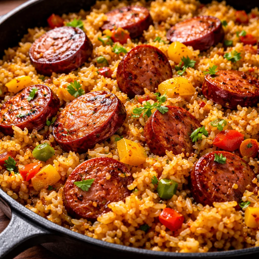 Cajun Sausage and Rice Skillet dish with colorful vegetables and spices