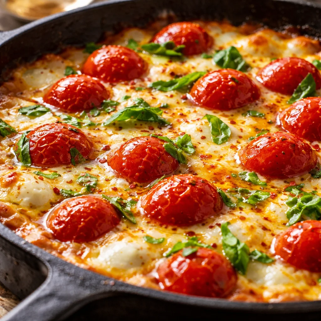 Delicious Caprese Dip made with mozzarella, tomatoes, and fresh basil