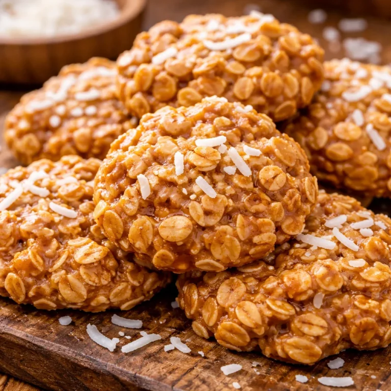 Caramel Coconut No-Bake Cookies on a plate with coconut flakes