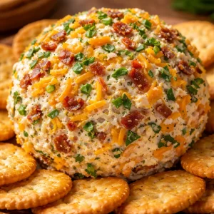 Cheddar Ranch Cheeseball served on a platter with crackers and vegetables