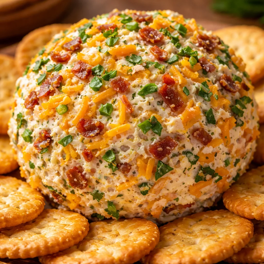 Cheddar Ranch Cheeseball served on a platter with crackers and vegetables