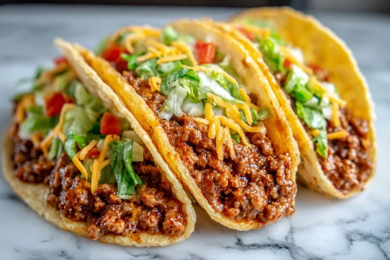 Cheeseburger tacos featuring ground beef, cheese, and fresh toppings in a taco shell.