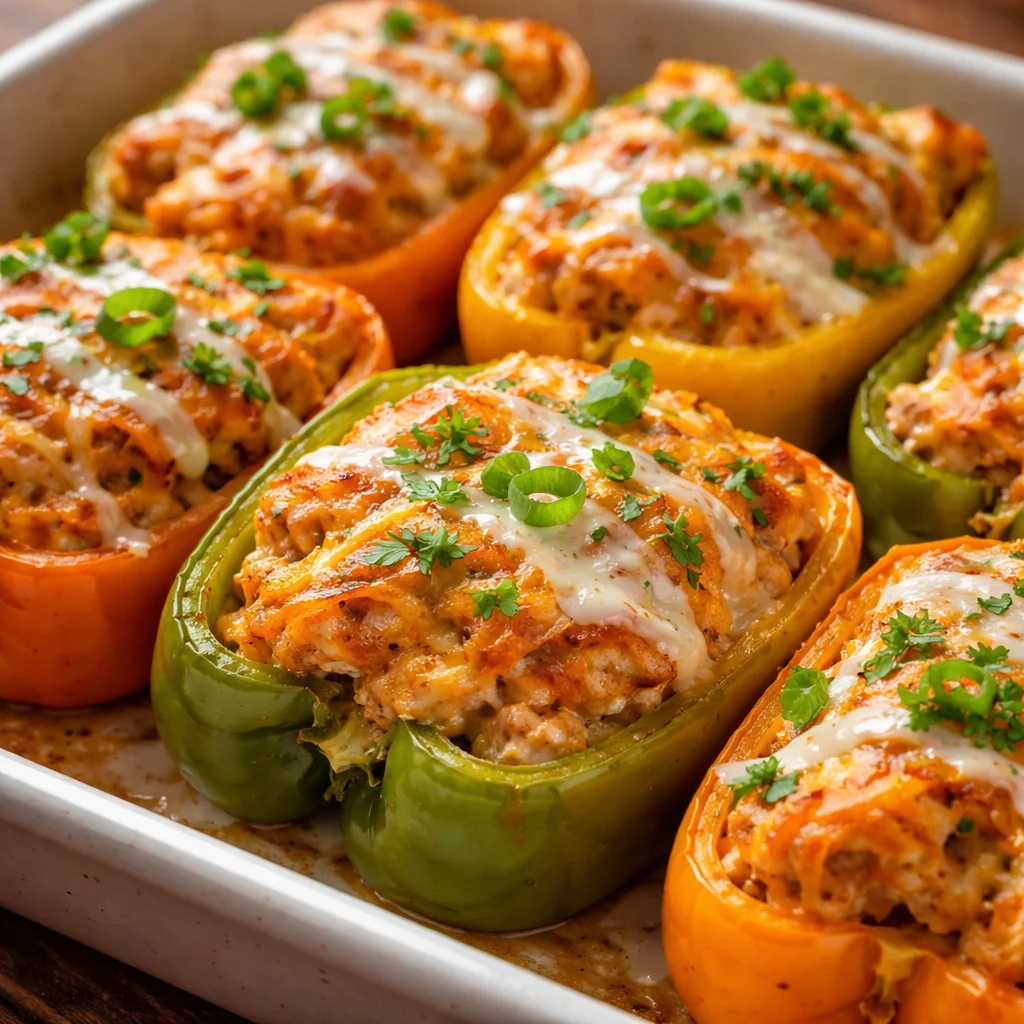 Cheesy buffalo chicken stuffed peppers ready to serve hot and delicious
