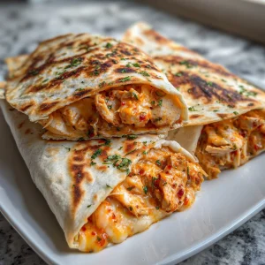 Cheesy garlic chicken wraps filled with tender chicken and flavorful cheese.