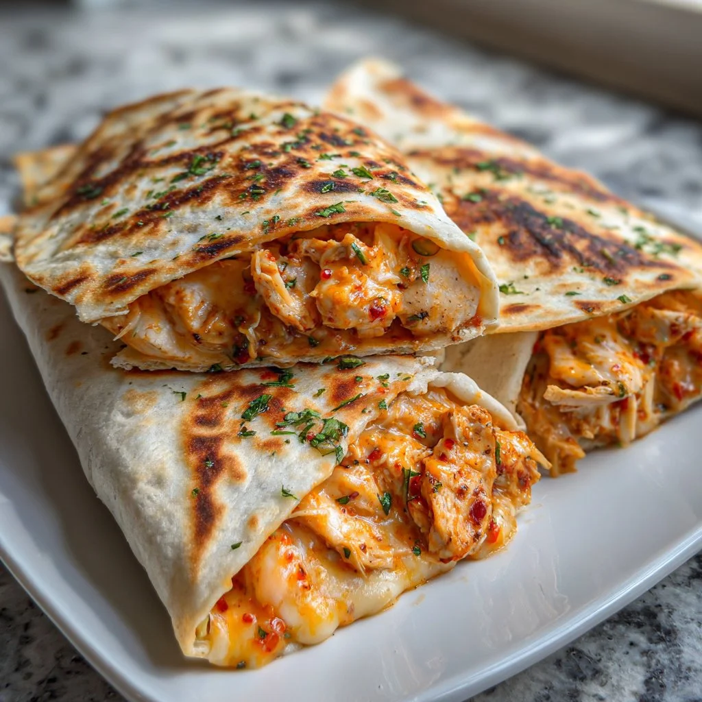 Cheesy garlic chicken wraps filled with tender chicken and flavorful cheese.