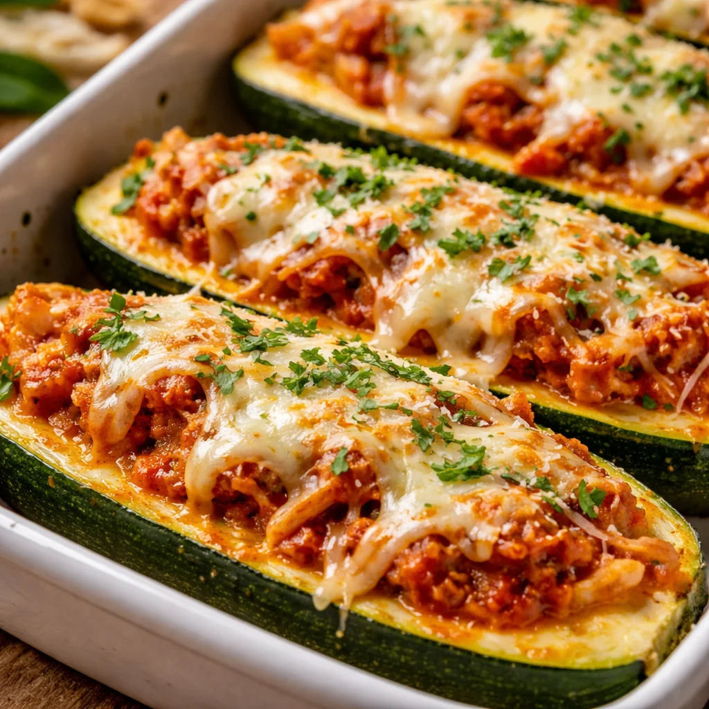 Cheesy keto chicken parmesan zucchini boats topped with melted cheese