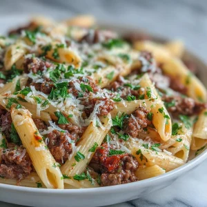 Delicious cheesy penne pasta served with garlic butter ground beef