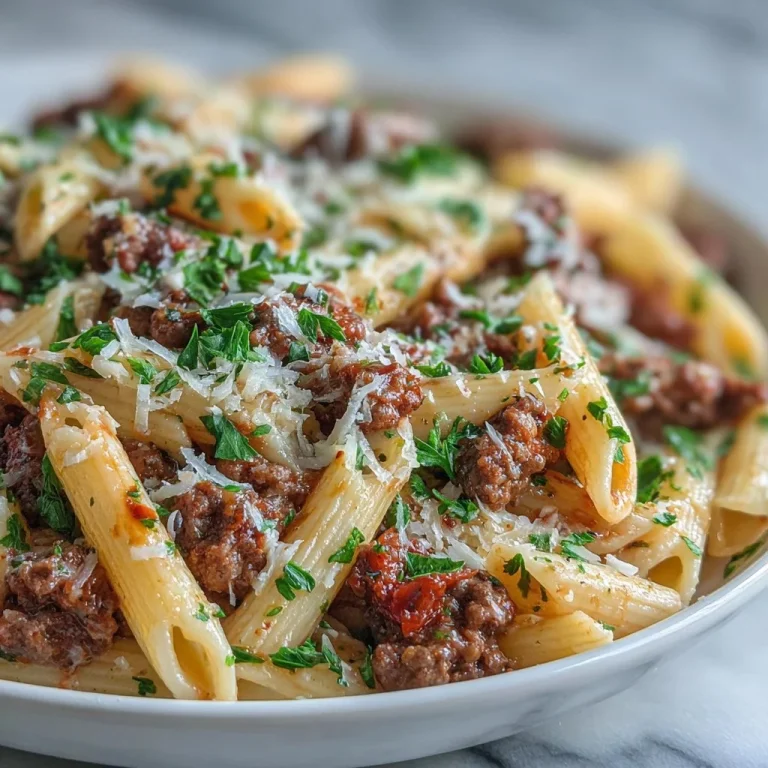 Delicious cheesy penne pasta served with garlic butter ground beef