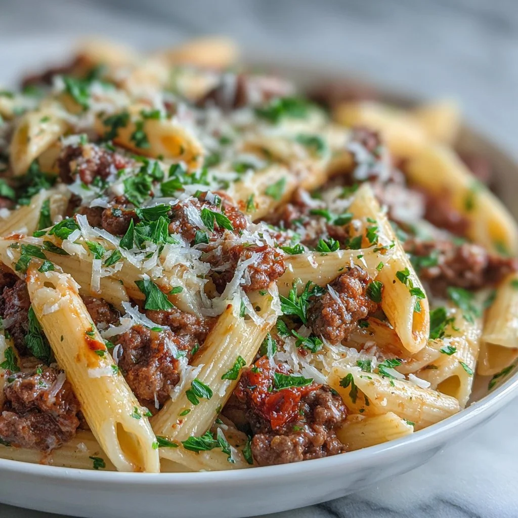 Cheesy Penne with Garlic Butter Ground Beef: Easy & Irresistible Dinner