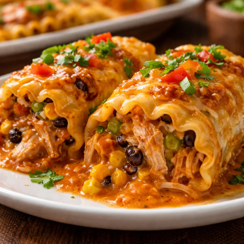 Cheesy Southwest Chicken Lasagna Rolls ready to serve on a plate