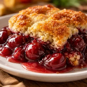 Delicious homemade cherry cobbler served in a dish