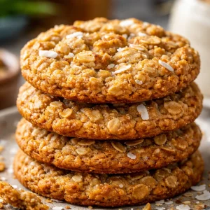 Delicious chewy coconut oatmeal cookies on a wooden plate