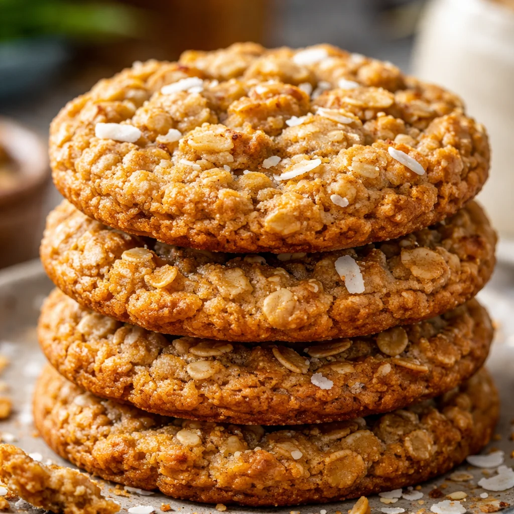 Delicious chewy coconut oatmeal cookies on a wooden plate