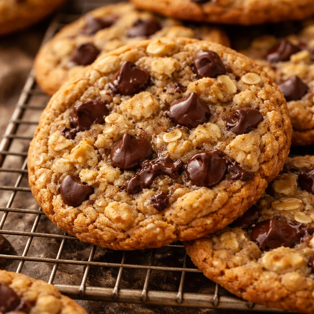 Chewy gluten free oatmeal chocolate chip cookies stacked on a plate