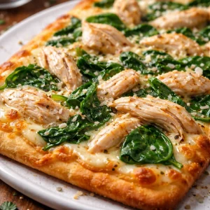 Delicious Chicken Alfredo Flatbread topped with creamy sauce and grilled chicken