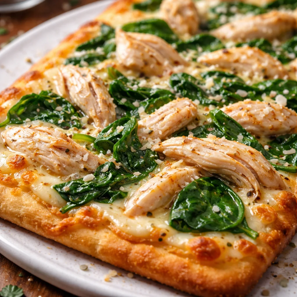 Delicious Chicken Alfredo Flatbread topped with creamy sauce and grilled chicken