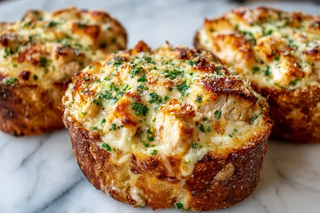 Chicken Alfredo Garlic Bread Bowls filled with creamy pasta and garlic bread.