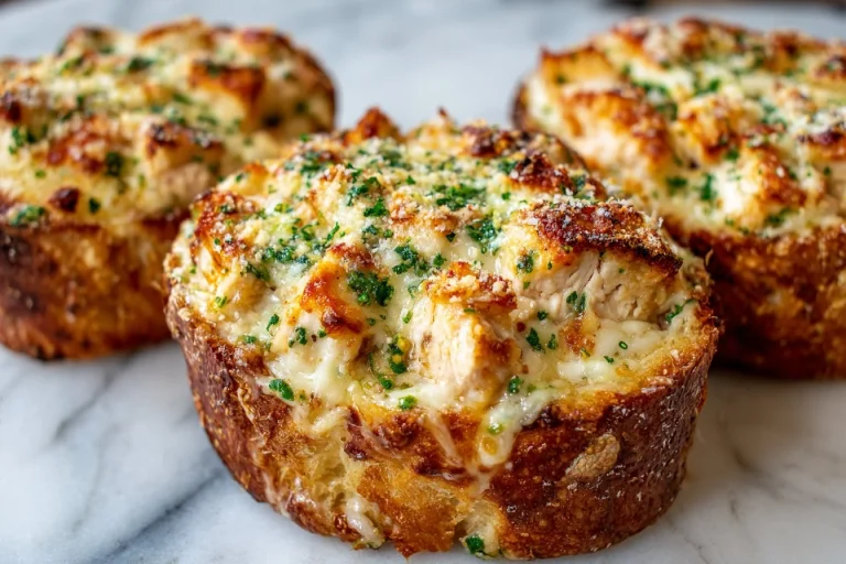 Chicken Alfredo Garlic Bread Bowls filled with creamy pasta and garlic bread.