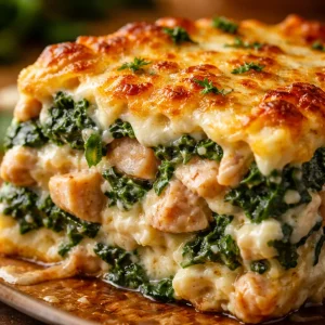 Delicious Chicken and Spinach Casserole with Cream Cheese ready to serve