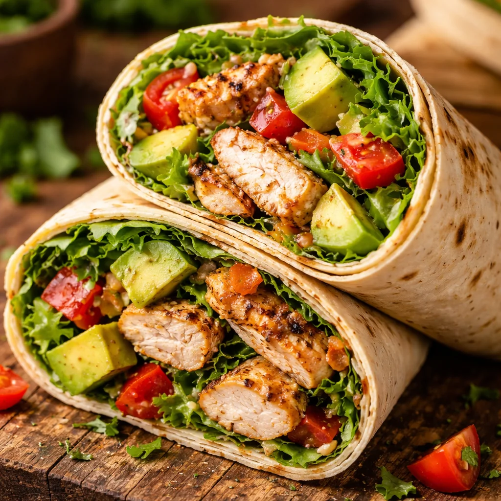 Delicious Chicken Avocado Wraps served on a plate with fresh ingredients.