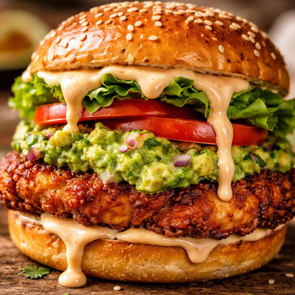 Chicken burger topped with smashed avocado and chipotle mayo on a wooden plate
