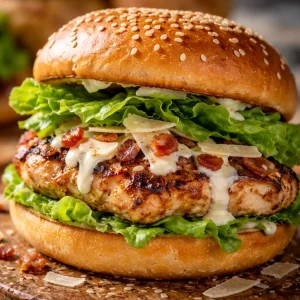 Delicious Chicken Caesar Burger served with fresh ingredients and Caesar dressing
