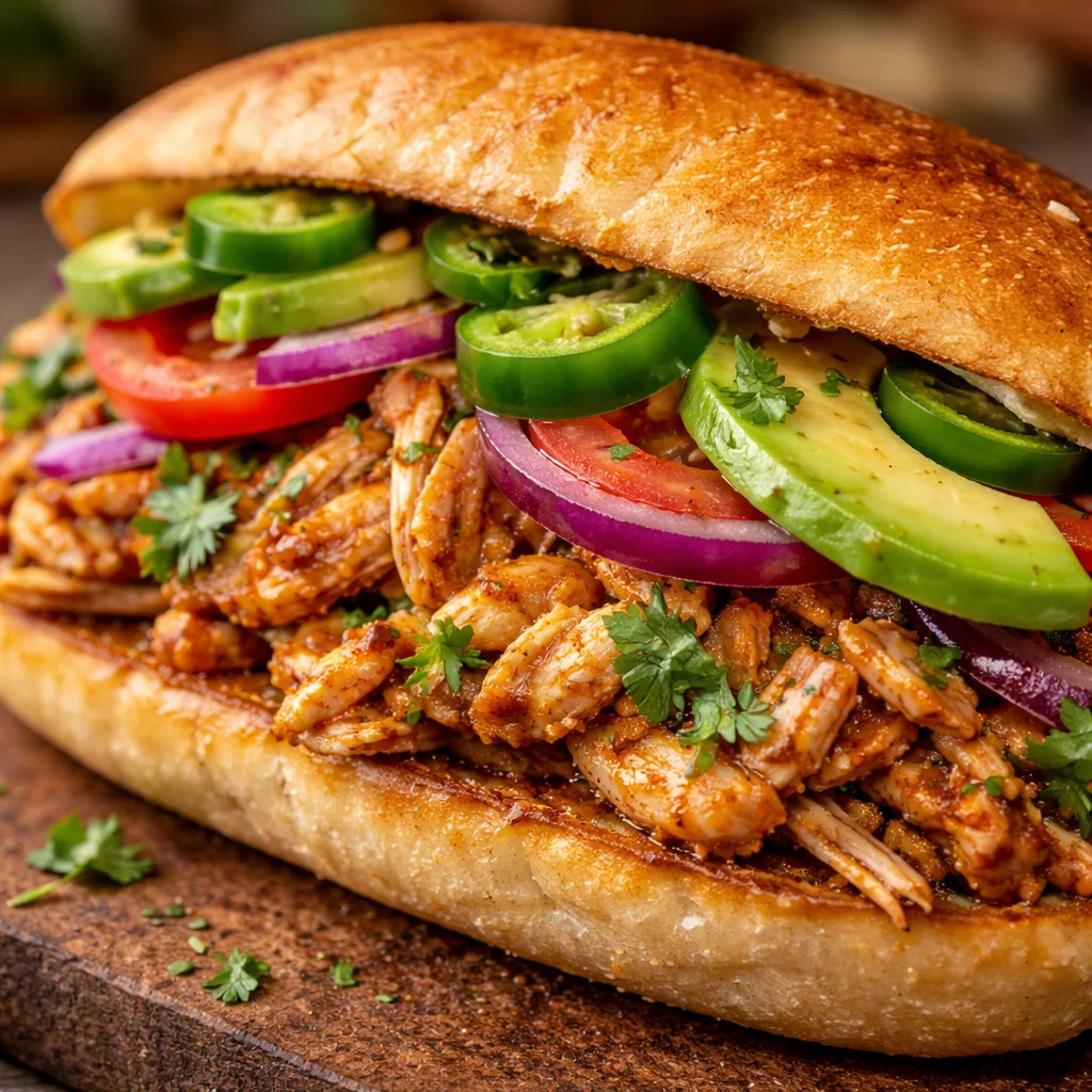 Tasty Chicken Torta sandwich with fresh ingredients and vibrant toppings