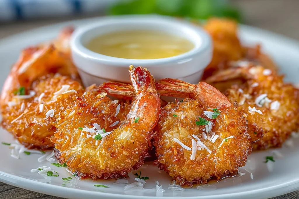 Plate of delicious Chinese Coconut Shrimp garnished with herbs