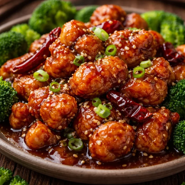 Delicious plate of General Tso's Chicken garnished with vegetables