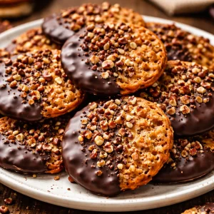 Chocolate Dipped Pecan Lace Cookies on a white plate with a rustic background