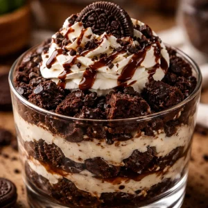 Delicious Chocolate Oreo Cheesecake Brownie Trifle layered with cream and cookies.