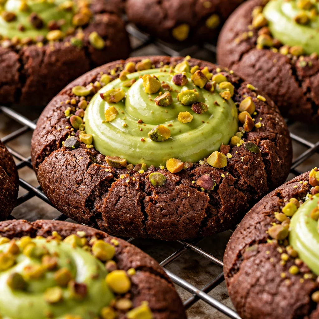 Chocolate Pistachio Cream thumbprint cookies with a rich chocolate filling